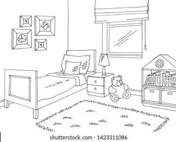 Children's room graphic  Black white interior sketch illustration vector