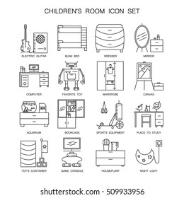Children's room icon set. Collection of high quality outline interior and technological pictograms for composition of children's room. 16 vector line elements for design website, mobile app or logo.