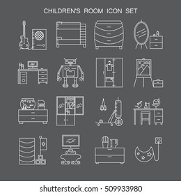 Children's room icon set. Collection of high quality outline interior and technological pictograms for composition of children's room. 16 vector line elements for design website, mobile app or logo.