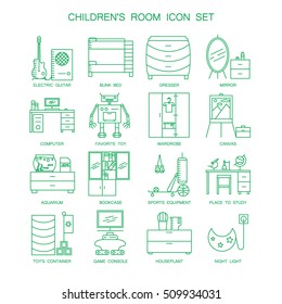Children's room icon set. Collection of high quality outline interior and technological pictograms for composition of children's room. 16 vector line elements for design website, mobile app or logo.
