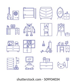 Children's room icon set. Collection of high quality outline interior and technological pictograms for composition of children's room. 16 vector line elements for design website, mobile app or logo.