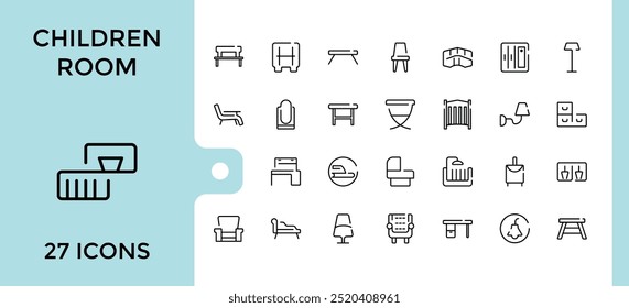 children's room icons collection, baby room icon set, kids vector, cradle, baby bed, changing table, swaddle wrap, bunk bed, book and more. Thin outline icons pack. Vector illustration