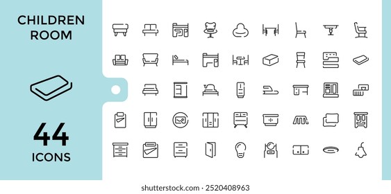 children's room icons collection, baby room icon set, kids vector, cradle, baby bed, changing table, swaddle wrap, bunk bed, book and more. Thin outline icons pack. Vector illustration