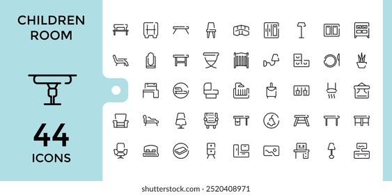 children's room icons collection, baby room icon set, kids vector, cradle, baby bed, changing table, swaddle wrap, bunk bed, book and more. Thin outline icons pack. Vector illustration