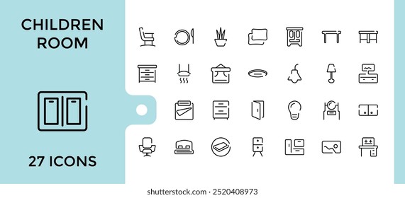 children's room icons collection, baby room icon set, kids vector, cradle, baby bed, changing table, swaddle wrap, bunk bed, book and more. Thin outline icons pack. Vector illustration