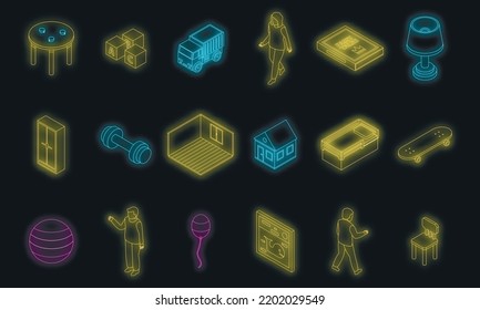 Childrens room icons set. Isometric set of childrens room vector icons neon color on black