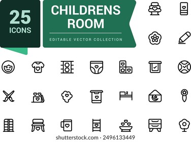 Childrens room icons set. Minamal outline set of childrens room vector icons for web and ui design.
