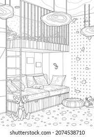 Children's room interior. Coloring book for adults. The interior of the room. Black and white illustration.