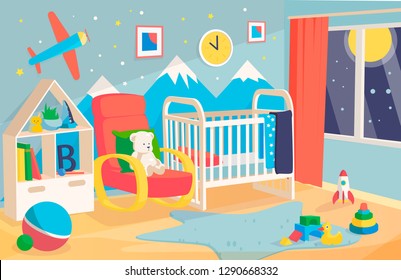 Children's room interior, with a cot, chair for mother. Kid boy room interior vector illustration of modern bedroom furniture in blue Scandinavian style, mountains and a plane on the wall, soft toys.