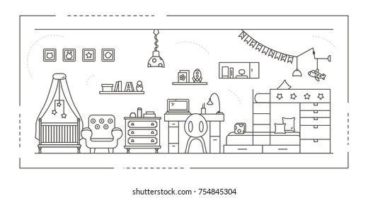 Children's Room Interior Design in Thin Line Style. Collection includes armchair, bed, desk, crib and chest of drawers. Flat vector illustration.