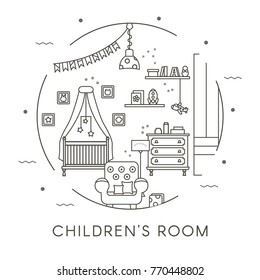 Children's Room Interior Design in Thin Line Style. Collection includes armchair, bed, decor, crib and chest of drawers. Flat vector illustratio