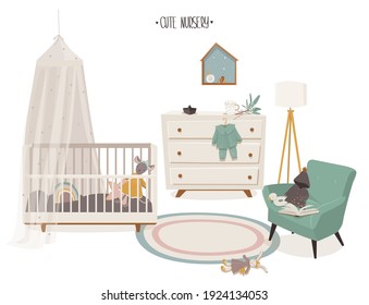 Children's Room Interior Design. Trendy Cute Nursery. Children's Bed, Chest Of Drawers, Armchair, Floor Lamp And Toys. Cartoon Illustration. Isolated, Vector.