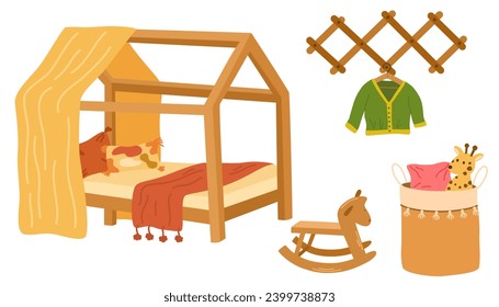 Childrens room interior home elements set isolated on white. A four-poster child's bed, a swing, a hanger with things, a wicker basket with toys vector design elements