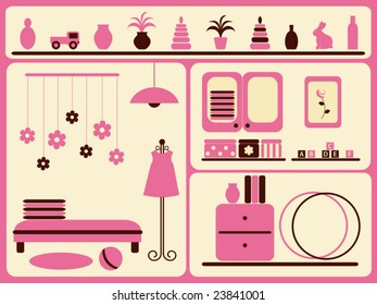 Children's room interior and objects set. Vector illustration.