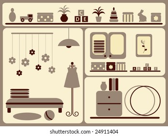Children's room interior and objects set. Vector illustration. Gray version.