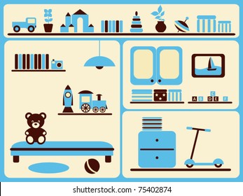 Children's room interior and objects set. Vector illustration.