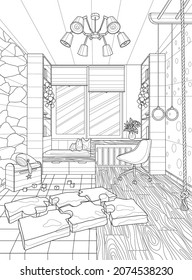 Children's room interior with soft puzzles and sports equipment. Coloring book for adults. The interior of the room. Black and white illustration.