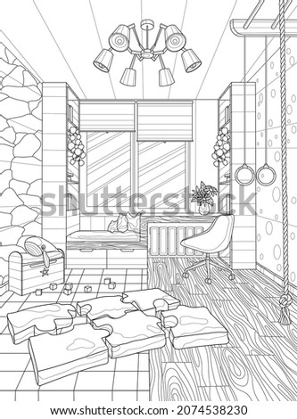 Children's room interior with soft puzzles and sports equipment. Coloring book for adults. The interior of the room. Black and white illustration.