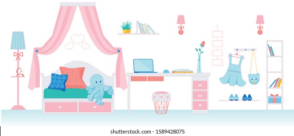 Childrens Room for Little Girl in Pink Colors. Room has Cute Four-poster Bed, Desk with Laptop for Development. Bed is Favorite Octopus Toy. Entrance to Room there Clothes Hanger and Shoe Rack.