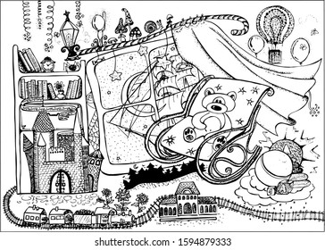 Children's room with a magician and fairy tales with a teddy bear rocking chair toys ship books castle children`s railway mushrooms balloon hand-drawn vector stock illustration on white background