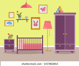 Children's room for a newborn baby. Pink interior for a little girl with a bed, chest of drawers and toys. Vector illustration in cartoon style.