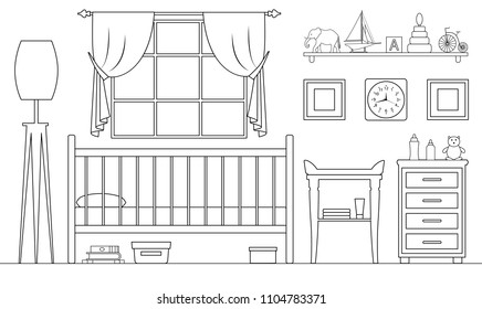 Children's room in the outline style. Vector illustration. Plan of furniture arrangement. Side view. Linear interior.