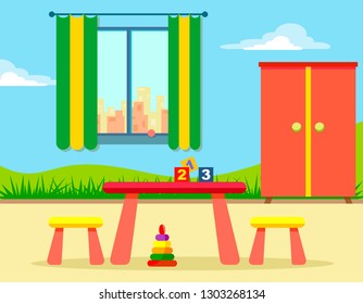 Children's room with a pattern on the wall, a wardrobe and a table with chairs. Cheerful and bright vector illustration in flat style.