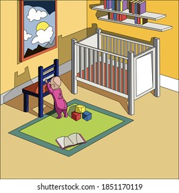 Children's room and a small child. Illustration for children. Children's room interior in isometric