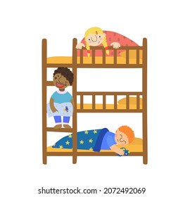 Children's room with a three-story bed. Boy reading a book on bed before bedtime. The girl is watching her brother. They are an international family. The illustration is suitable for text. Flat style.