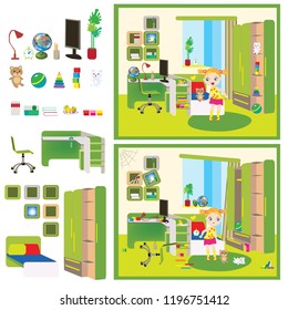 children's room trim and scattered objects visual drawings to educate the accuracy of find differences