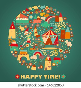 Children's round background with multi-colored houses. Template for greeting card. Happy time