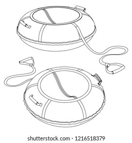 
Children's round inflatable sledges (tubing) for winter driving from a hill, contour black and white vector illustration on a white background.