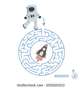 Children's round maze with astronaut and rocket. Cute puzzle game for kids, vector labyrinth illustration.