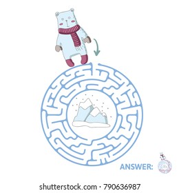 Children's round maze with polar bear and the North pole. Cute puzzle game for kids, vector labyrinth illustration.