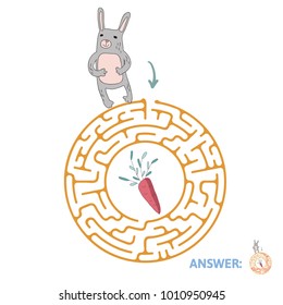 Children's round maze with rabbit and carrot. Cute puzzle game for kids, vector labyrinth illustration.