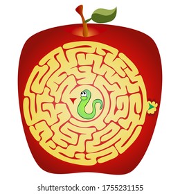 Children's round simple maze. Help the worm get out of the apple