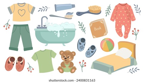 Children's routine. Baby clothes, toys, hygiene items and a crib for a baby shower. Cute collection in cartoon style, vector