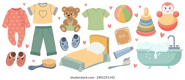 La rutina de los niños. Ropa para bebés, juguetes, artículos de higiene y una cuna para una ducha de bebé. Colección cuta en estilo de caricatura, vector