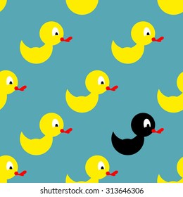 Childrens rubber toy for bathing. Yellow Duck seamless pattern. Vector background toy. Black Duck among yellow ducks.