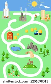 Children's rug with highway leading to the rocket on a green background.