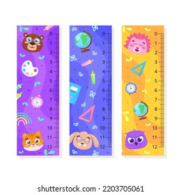 Children's ruler, for measuring length. School supplies for mathematics and geometry. Vector illustration with animals in cartoon style
