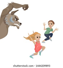 Children's safety of life, danger everywhere, wild animals, screams and fear, the pursuit of children, crime and abduction of children. Vector illustration in cartoon flat style