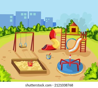 Children's safety playground for outdoor recreation and games in the summer. Kindergarten flat. Swings, sandbox, slide on the green lawn near the house. Vector illustration