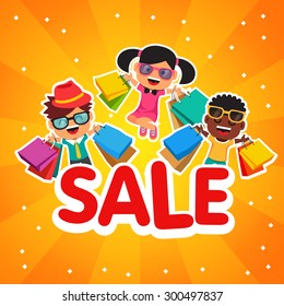 Children's sale. Happy smiling and jumping kids with purchases in shopping bags. Flat style vector template illustration.