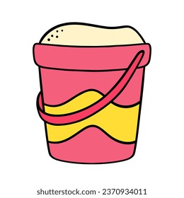 Children's sand bucket. Sandbox toys. Sand castle. Colorful bucket. Hand drawn vector illustration.