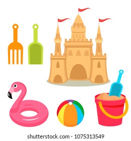 
A children's sand castle on the beach with baby buckets, a shovel, a ball, a rake and an inflatable circle. The concept of a children's beach holiday. vector illustration isolated