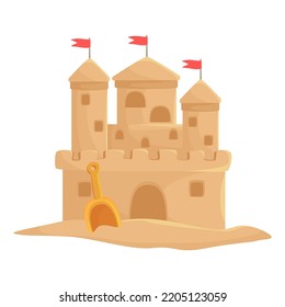 Children's Sand Castle With Red Flags Towers Vector Flat Illustration. Beach Sandcastle And Plastic Shovel Kids Summer Vacation Toy. Game Building Kingdom Art Decorative Construction House Sculpture