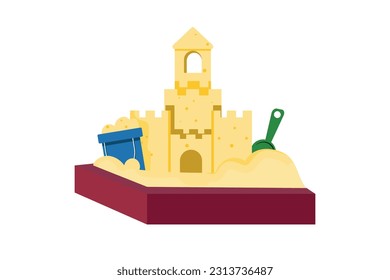 Children's sandbox with sand inside, toys and sandcastle. Children's illustration in cartoon style isolated on white background.