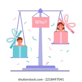 Childrens at scales. Design for greeting postcard. Assumption and conjecture, determining unborn child, boy or girl, childhood. Poster or banner for website. Cartoon flat vector illustration