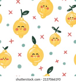 Children's Scandinavian vector pattern with lemons, crosses and dots on a white background. Cute doodles in watercolor style for kids, textiles, decor, interior, prints, wrappers, postcards